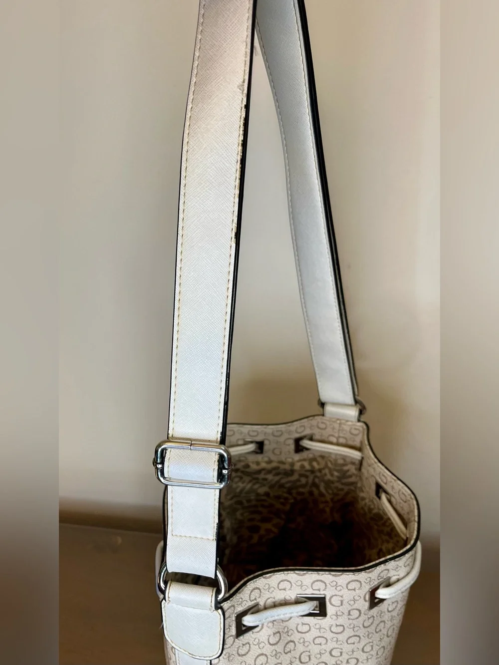 Guess Small Crossbody Bucket Bag, Monogram, Signature, Ivory, Coated, Adjustable